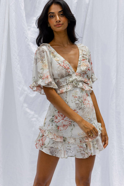 My Belle Cut-Out Detail Frill Accent Dress Vintage Floral Print White