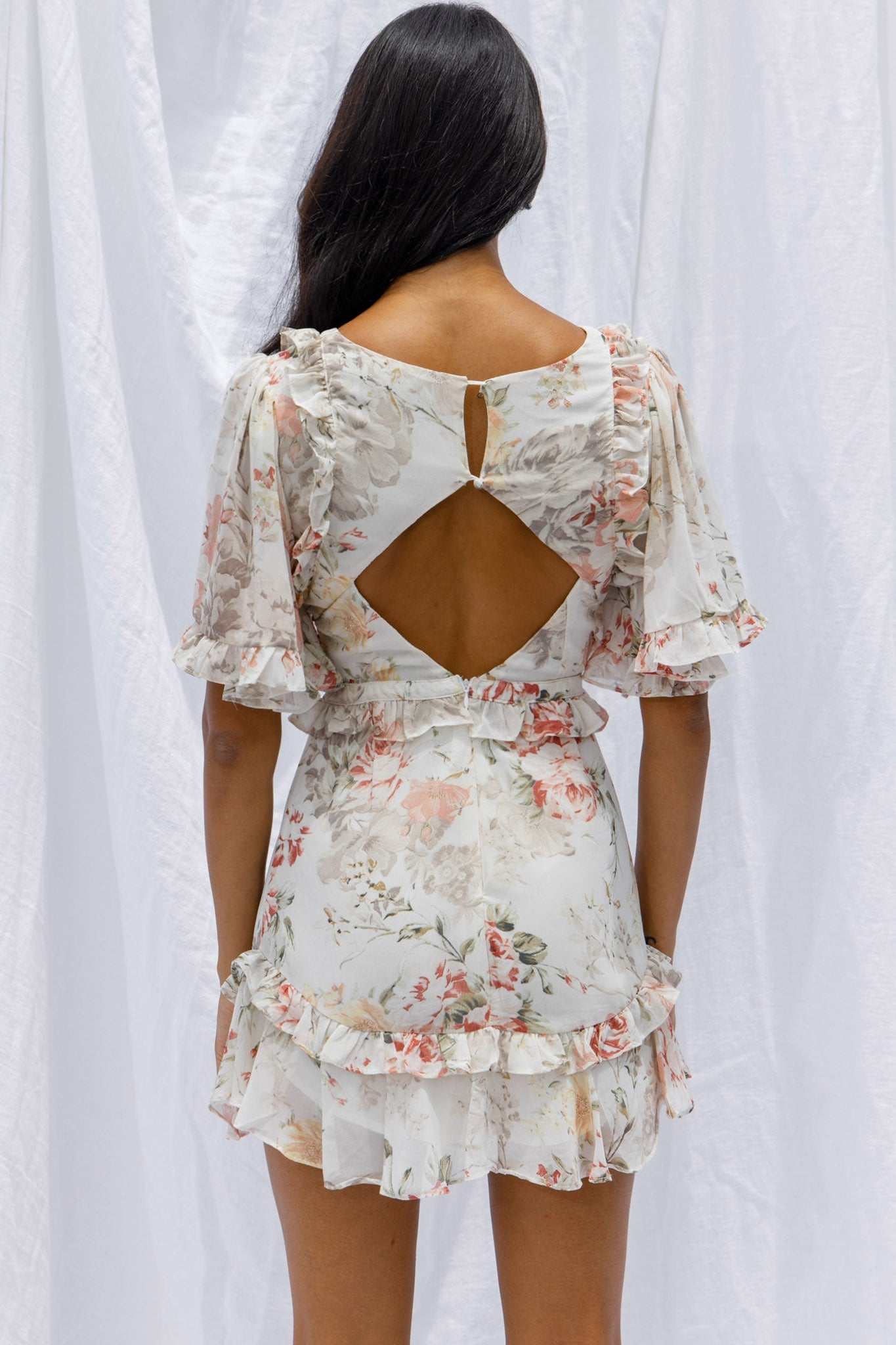 My Belle Cut-Out Detail Frill Accent Dress Vintage Floral Print White
