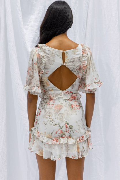My Belle Cut-Out Detail Frill Accent Dress Vintage Floral Print White