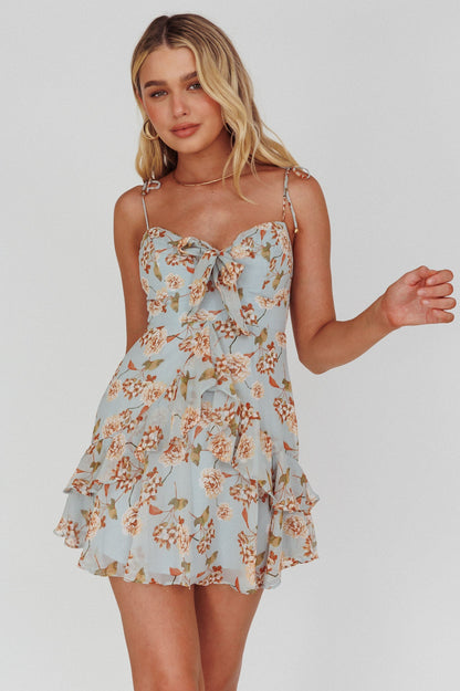 Flower Child Bust Tie Ruffle Trim Dress Roses Blue