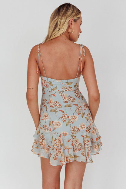 Flower Child Bust Tie Ruffle Trim Dress Roses Blue