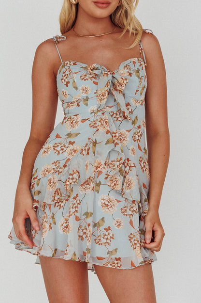 Flower Child Bust Tie Ruffle Trim Dress Roses Blue