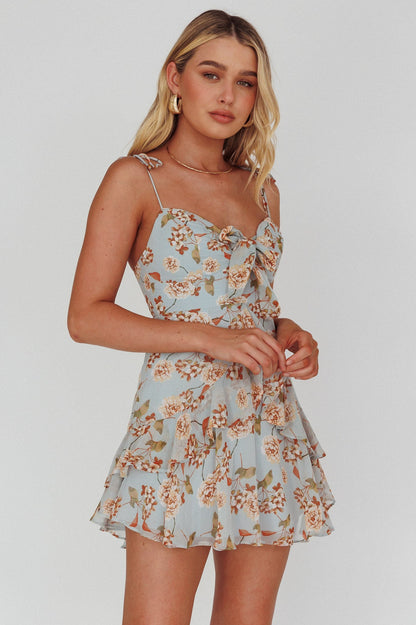 Flower Child Bust Tie Ruffle Trim Dress Roses Blue