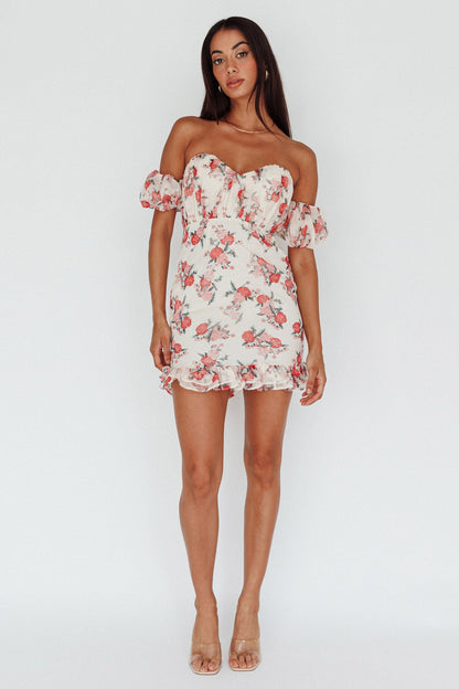 Verona Off-Shoulder Gathered Mini Dress Floral Red