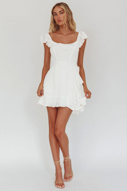 Thinkin' Bout You Ruffle Trim Waist-Tie Dress White