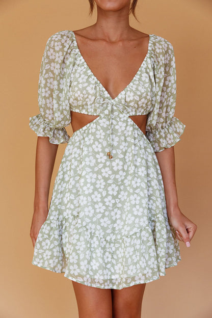 Fancy Free Puff Sleeve Cut-Out Dress Floral Green