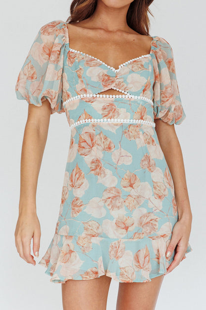 Catch Feelings Sweetheart Puff Sleeve Mini Dress Leaves Blue