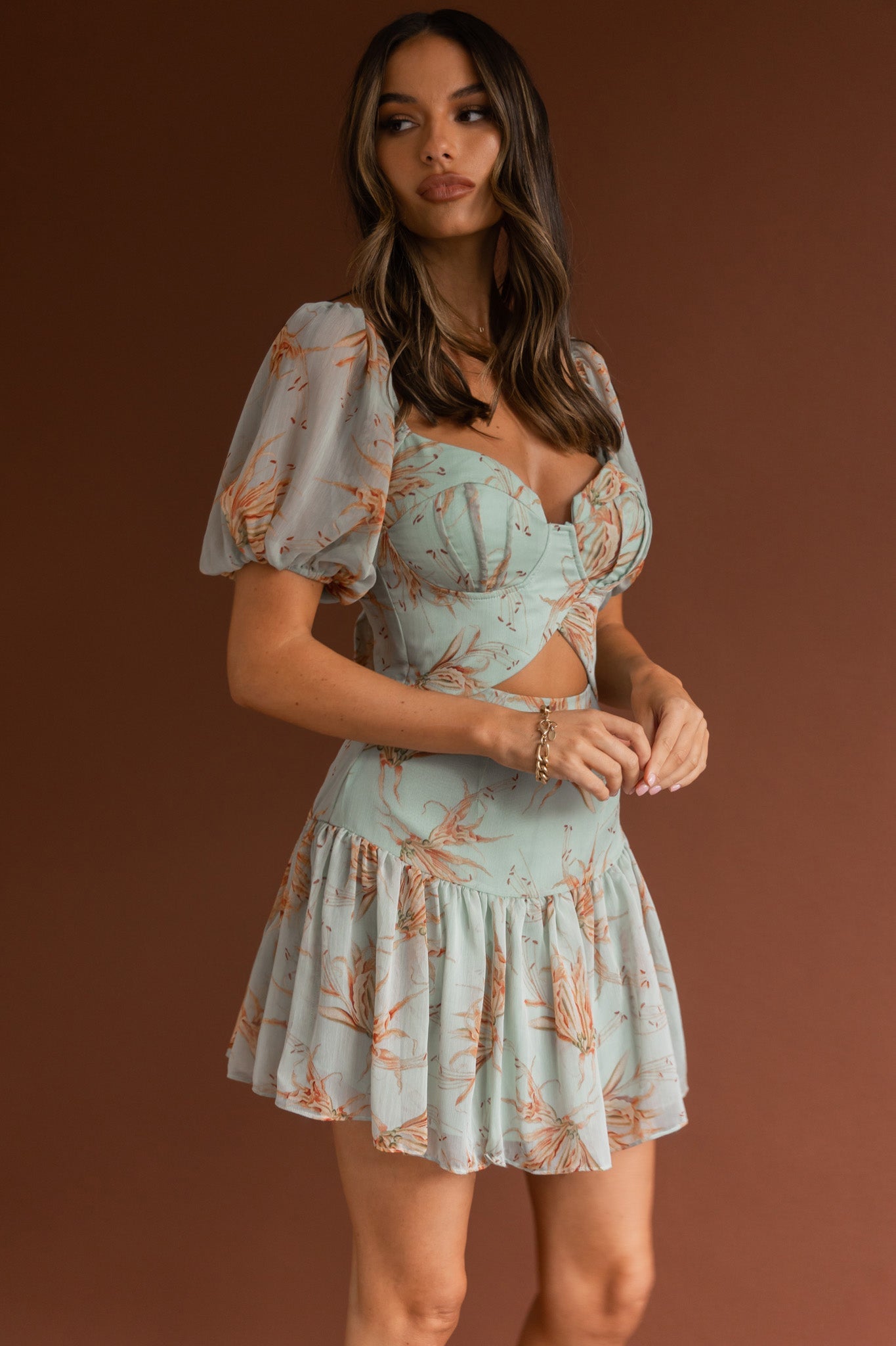 Devoted Structured Bust Puff Sleeve Dress Lily Print Pistachio