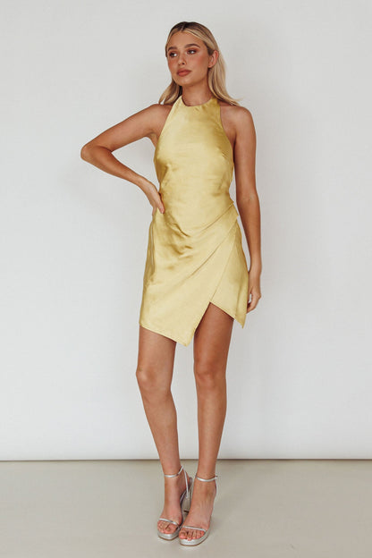 Sonoma Halterneck Faux Wrap Twist Back Mini Dress Lemon