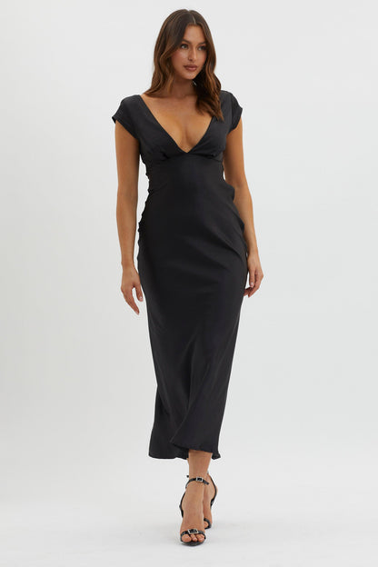 Lucinda V-Neck Twist Back Midi Dress Black