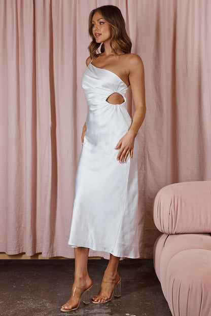 Taking Bets One Shoulder Satin Midi Dress White