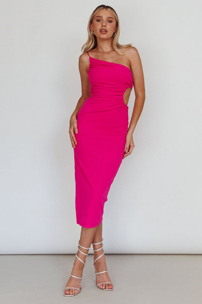 Taking Bets One Shoulder Cut-Out Midi Dress Hot Pink