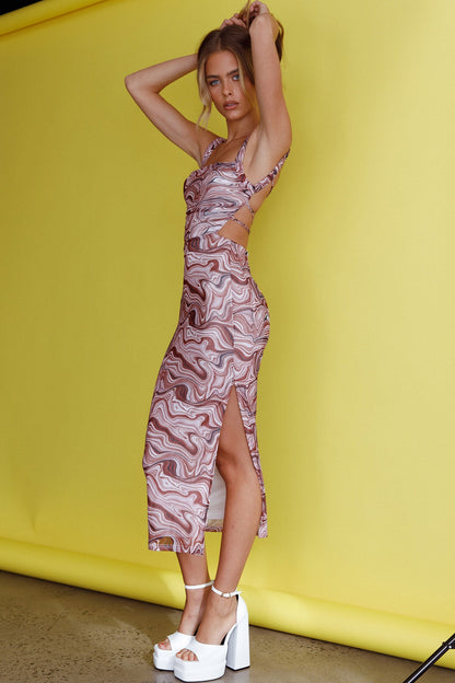 Dream Crush Lace-Up Back Side Split Midi Dress Marbled Brown