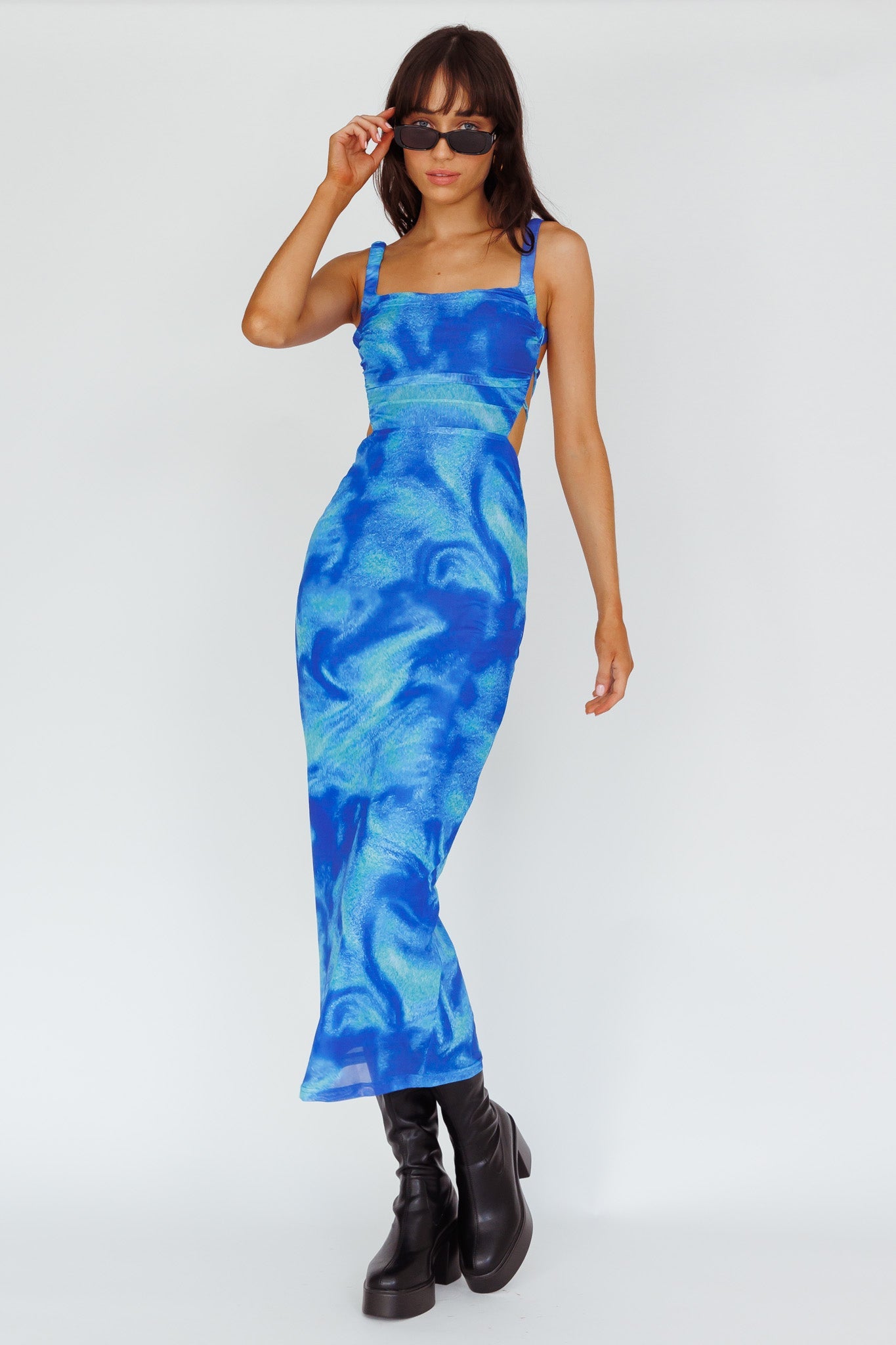 Dream Crush Lace-Up Back Side Split Maxi Dress Swirl Blue