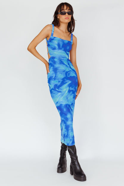 Dream Crush Lace-Up Back Side Split Maxi Dress Swirl Blue