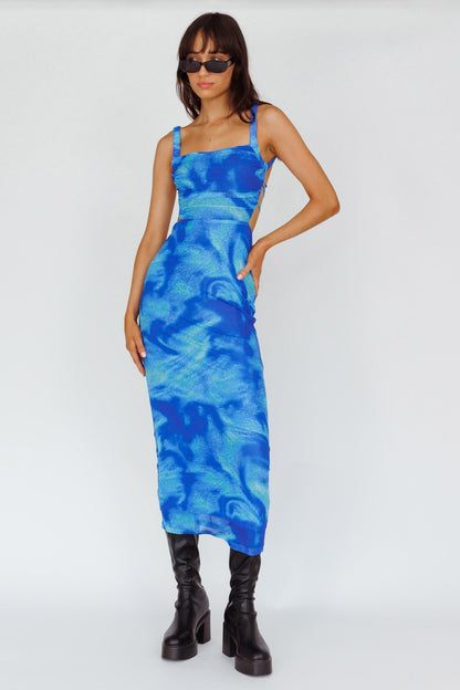 Dream Crush Lace-Up Back Side Split Maxi Dress Swirl Blue