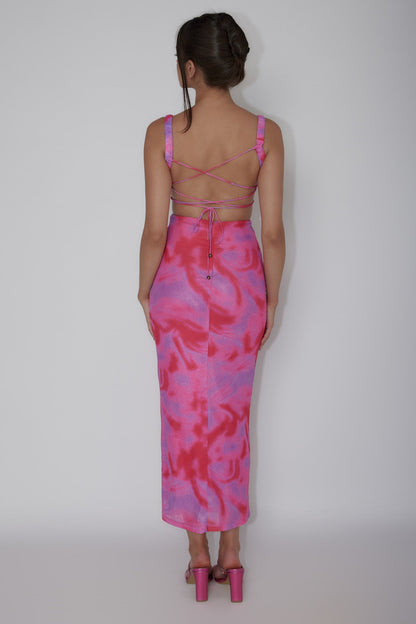 Dream Crush Lace-Up Back Side Split Maxi Dress Swirl Pink