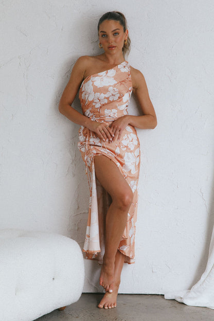 Casa Del Mar One-Shoulder Ruched Midi Dress Floral Blush