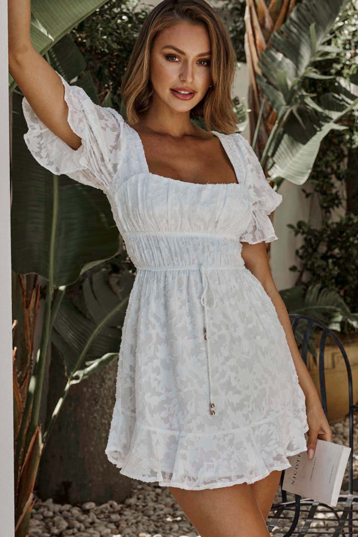Lilibet Puff Sleeve Elasticated Waist Textured Dress White