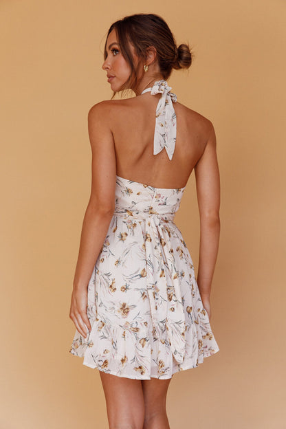 Chase Me Halterneck Mini Dress Floral Beige
