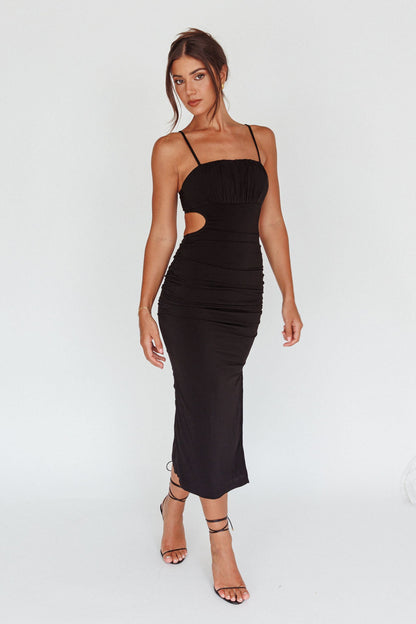 Mary Jane Gathered Bust Tie Back Midi Dress Black