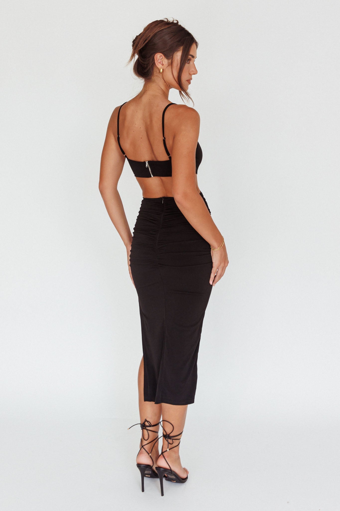 Mary Jane Gathered Bust Tie Back Midi Dress Black