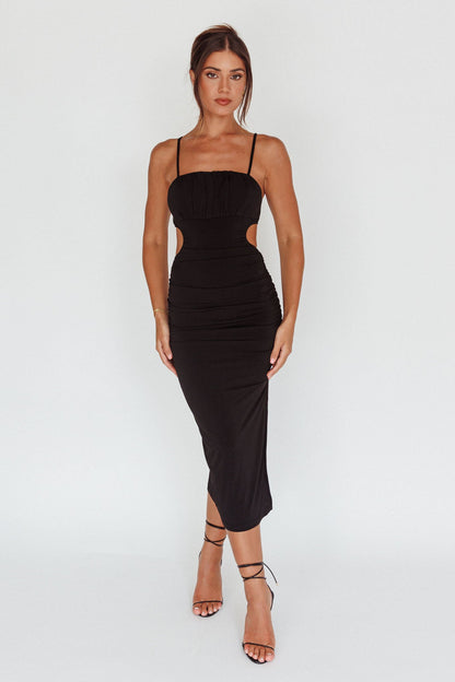 Mary Jane Gathered Bust Tie Back Midi Dress Black