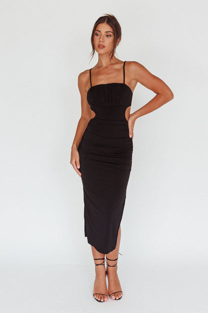 Mary Jane Gathered Bust Tie Back Midi Dress Black