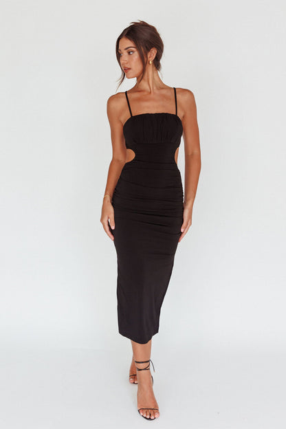 Mary Jane Gathered Bust Tie Back Midi Dress Black
