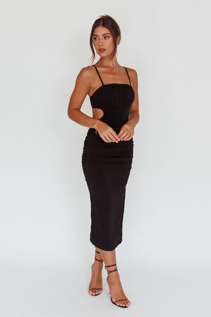 Mary Jane Gathered Bust Tie Back Midi Dress Black