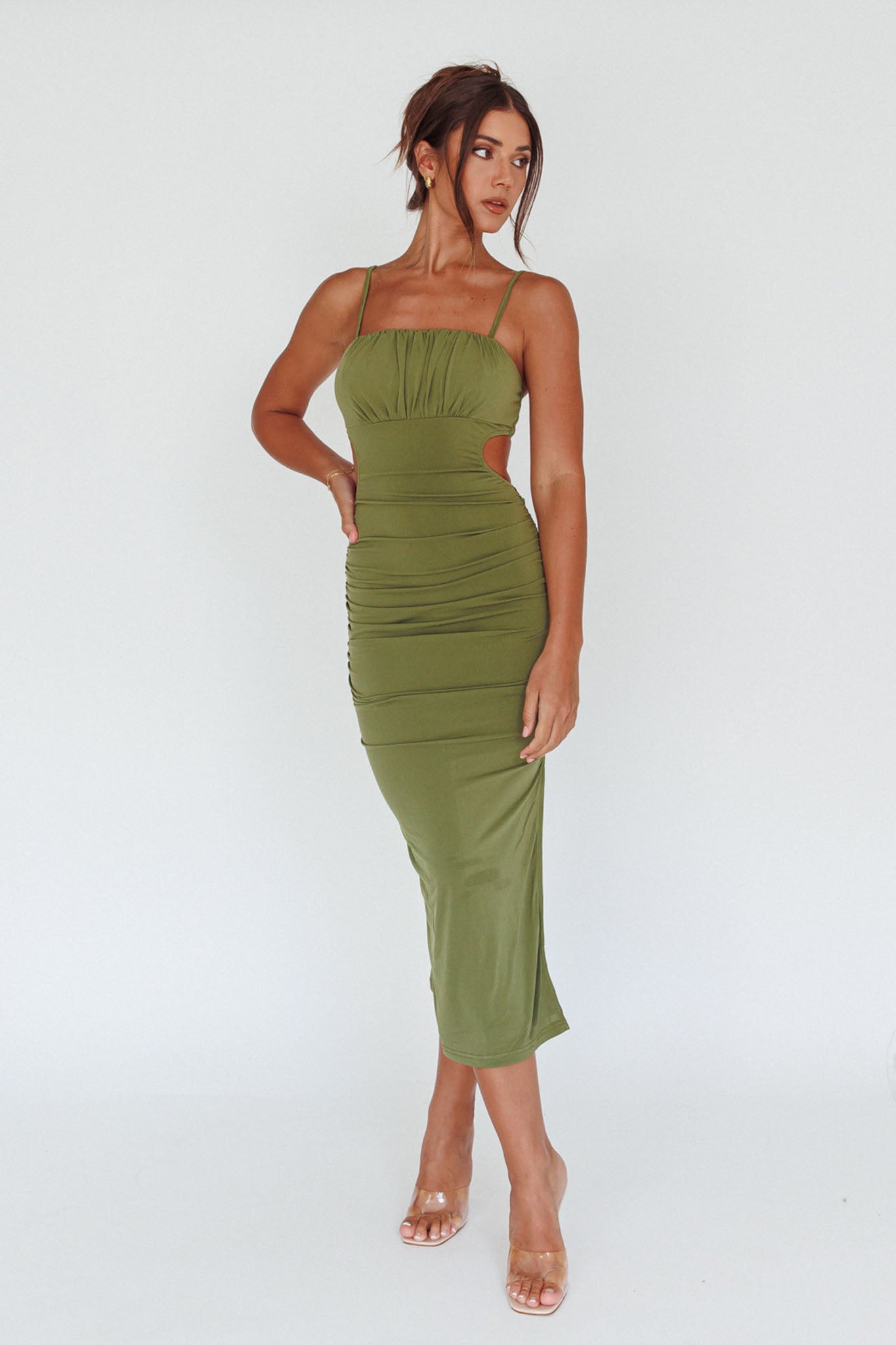 Mary Jane Gathered Bust Tie Back Midi Dress Olive