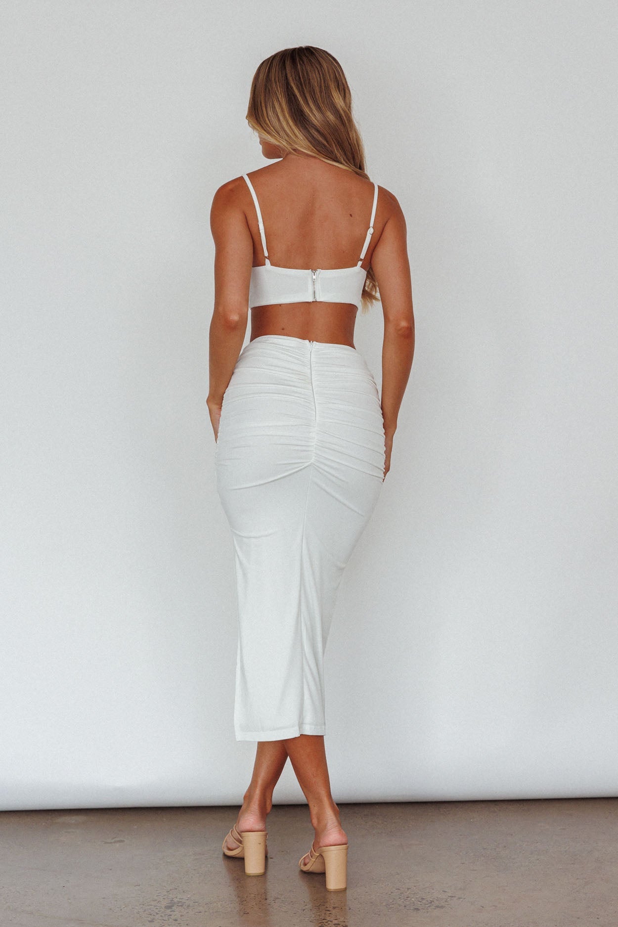 Mary Jane Gathered Bust Tie Back Midi Dress White