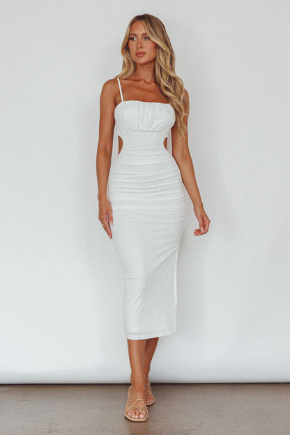 Mary Jane Gathered Bust Tie Back Midi Dress White