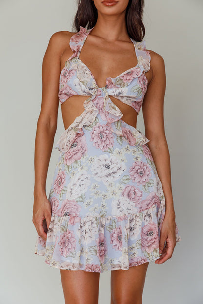 Violette Ruffle Strap Cut-Out Mini Dress Floral Blue