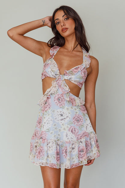 Violette Ruffle Strap Cut-Out Mini Dress Floral Blue