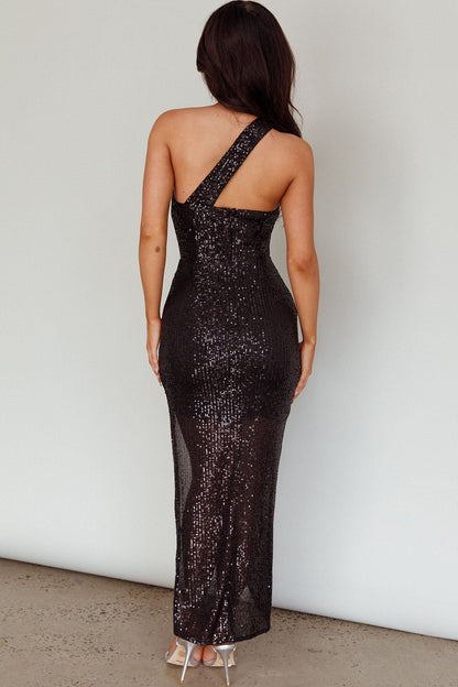 Nights In Milan One-Shoulder Sequin Maxi Dress Black