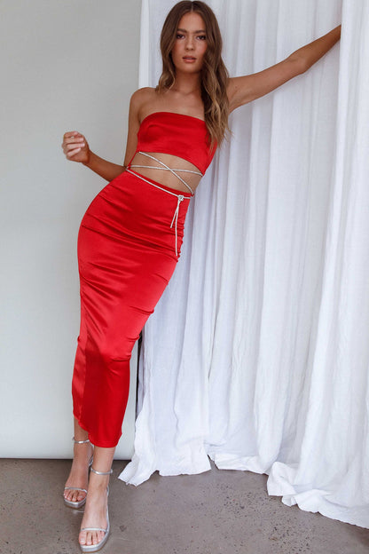 Nohemi Strapless Diamante Maxi Dress Red