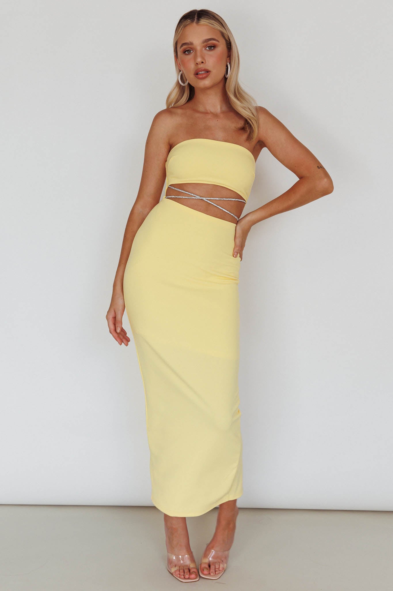 Nohemi Strapless Diamante Midi Dress Yellow