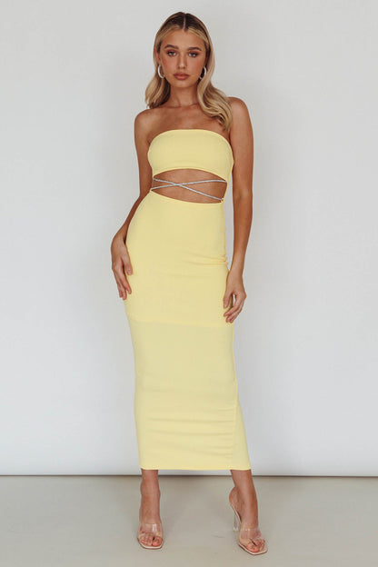 Nohemi Strapless Diamante Midi Dress Yellow