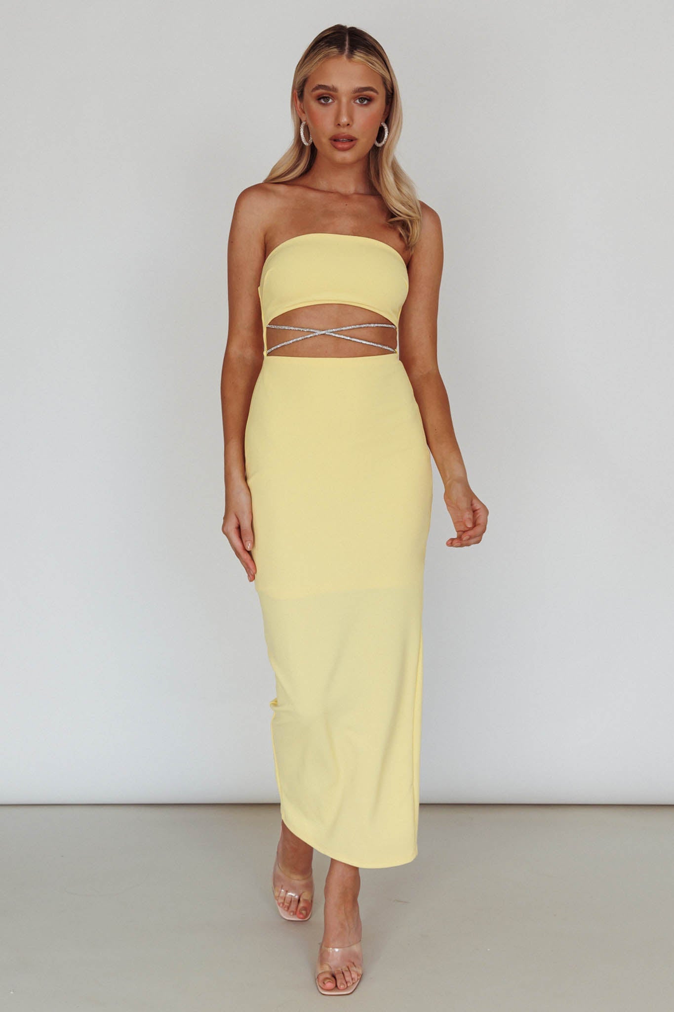 Nohemi Strapless Diamante Midi Dress Yellow