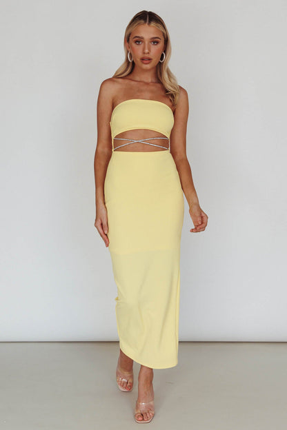 Nohemi Strapless Diamante Midi Dress Yellow