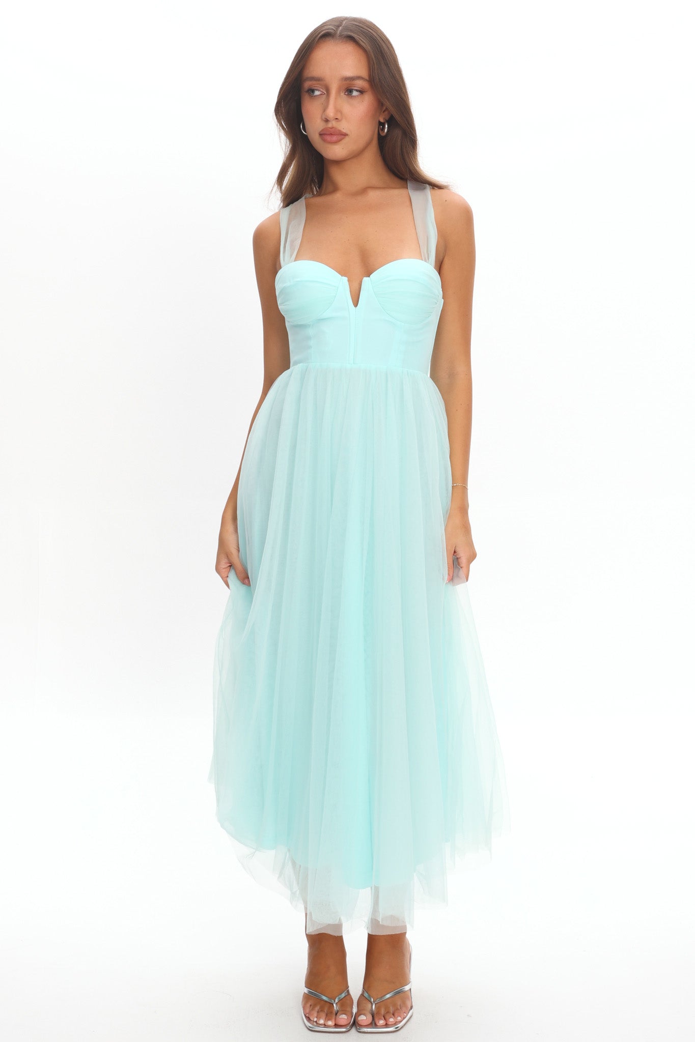 Surreal Lace-Up Back Tulle Midi Dress Mint