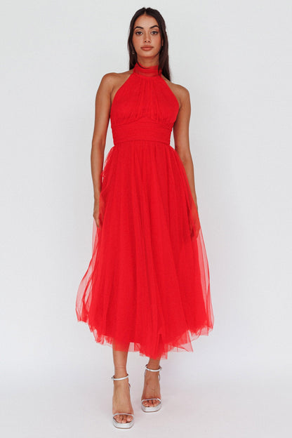 Andria Halterneck Tulle Midi Dress Red