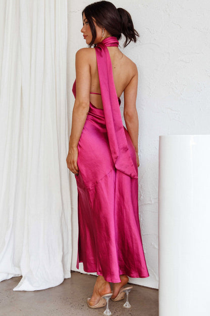 Italian Summer Tie Neck Midi Dress Fuchsia