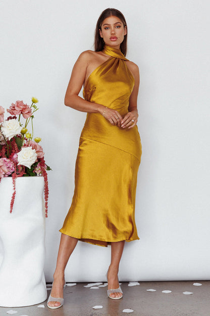 Italian Summer Tie Neck Midi Dress Mustard