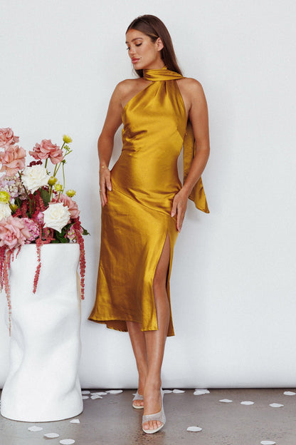 Italian Summer Tie Neck Midi Dress Mustard