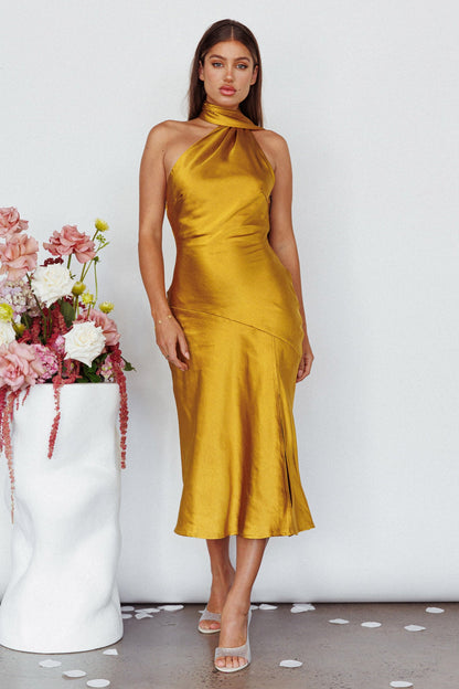 Italian Summer Tie Neck Midi Dress Mustard