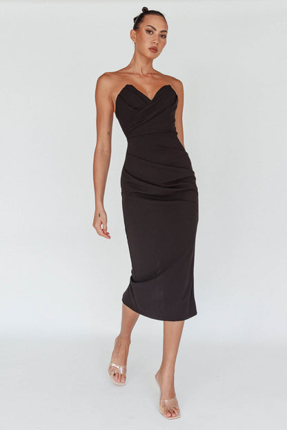 Yours Alone Gathered Detail Midi Dress Black