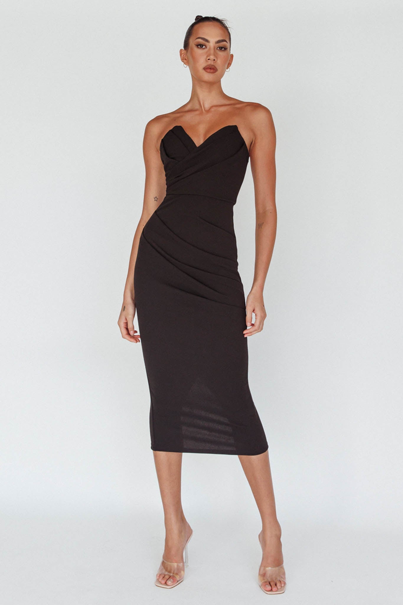 Yours Alone Gathered Detail Midi Dress Black