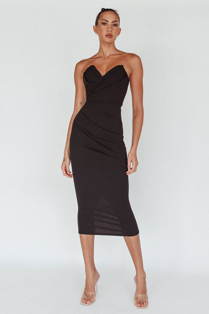 Yours Alone Gathered Detail Midi Dress Black